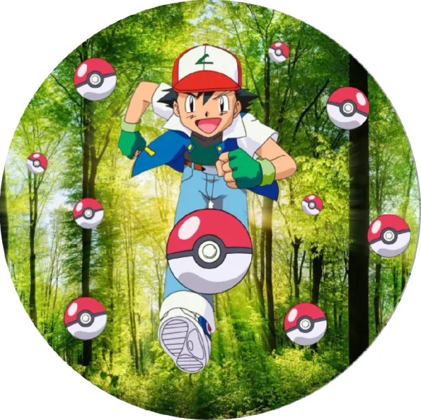 Kulatý jedlý obrázek na dort – Pokémon, Běžící Ash s Pokébally v lese (zelená, červená, modrá)