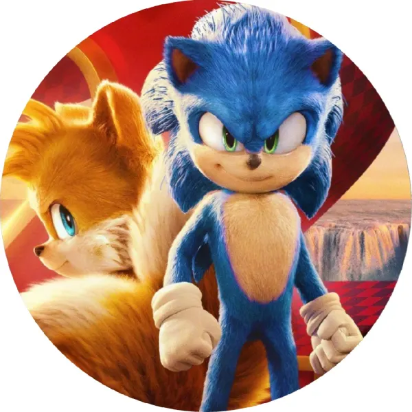 Kulatý jedlý obrázek na dort – Sonic, s Tailsem u vodopádu a prstenu (modrá, žlutá, červená)