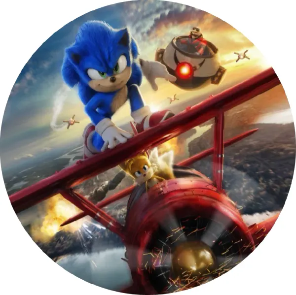 Kulatý jedlý obrázek na dort – Sonic, Letadlo (modrá, červená, žlutá)