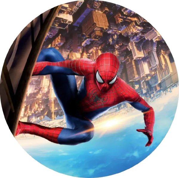 Kulatý jedlý obrázek na dort – Spiderman, let nad obráceným městem (červená, modrá)