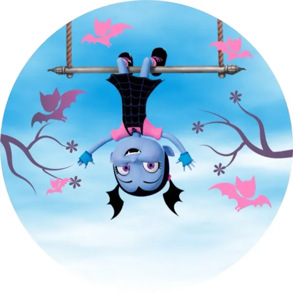 Kulatý jedlý obrázek na dort – Vampirina, hlavou dolů s růžovými netopýry (modrá, růžová, černá)