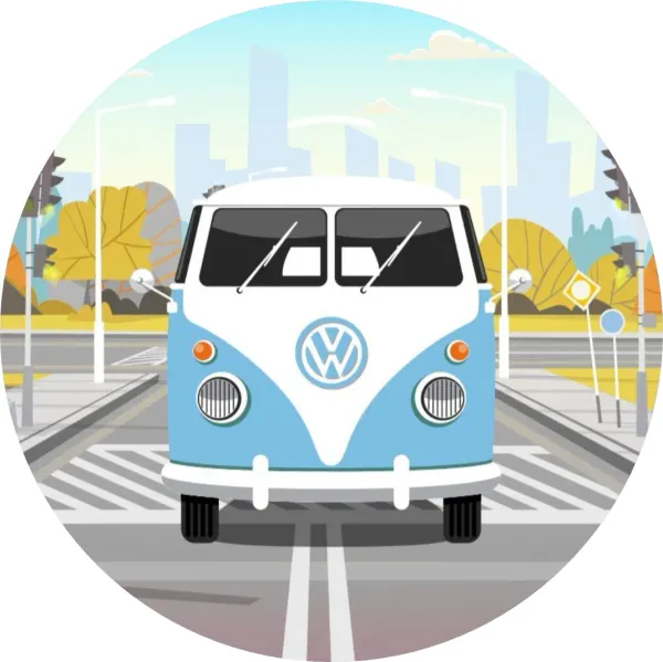 Kulatý jedlý obrázek na dort – Volkswagen Van T1 (modrá, bílá, šedá)
