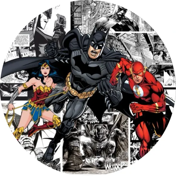 Kulatý jedlý obrázek na dort – Batman, s Flashem a Wonder Woman (černá, červená, šedá)