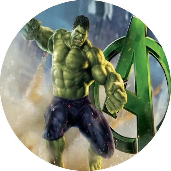 Kulatý jedlý obrázek na dort – Hulk, bojová póza a logo Avengers (zelená, šedá, fialová)