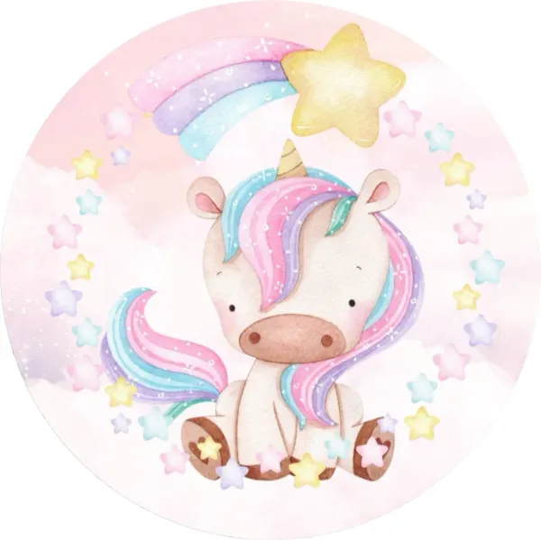 Kulatý jedlý obrázek na dort – Jednorožec, Unicorn: Sedící s padající hvězdou (růžová, tyrkysová, fialová)