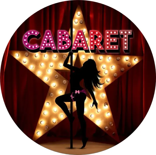 Kulatý jedlý obrázek na dort – Kabaret (červená, černá, žlutá)