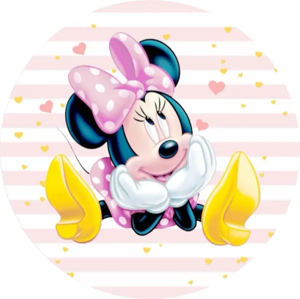 Kulatý jedlý obrázek na dort – Minnie, sedící se žlutými lodičkami (růžová, bílá, žlutá)