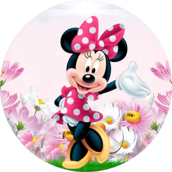 Kulatý jedlý obrázek na dort – Minnie, tanec na louce s včelkami (růžová, červená, bílá)