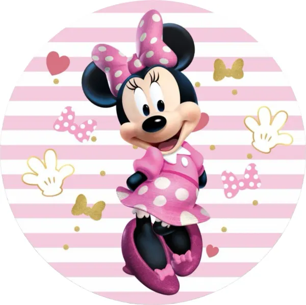 Kulatý jedlý obrázek na dort – Minnie, tančící na růžových proužcích (růžová, bílá, zlatá)