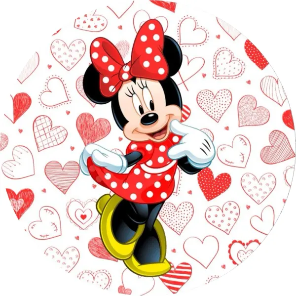 Kulatý jedlý obrázek na dort – Minnie, tanec na pozadí se srdíčky (červená, bílá, černá)