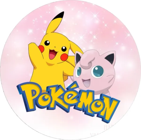 Kulatý jedlý obrázek na dort – Pokémon, Mávající Pikachu a Jigglypuff (růžová, žlutá, modrá)