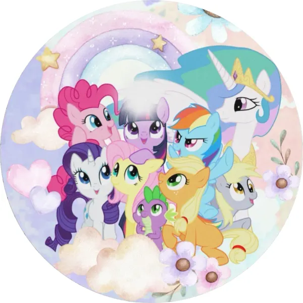 Kulatý jedlý obrázek na dort – Můj malý pony, parta a princezna Celestia (růžová, fialová, modrá)