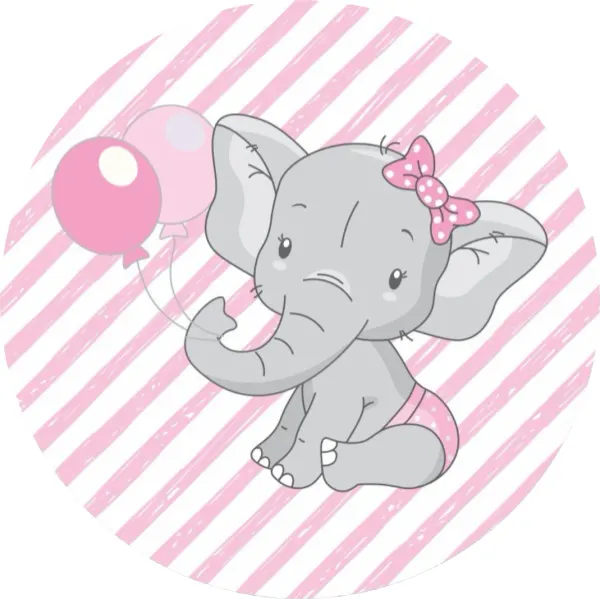 Kulatý jedlý obrázek na dort – Slůně, s růžovými balónky a mašličkou (růžová, šedá, bílá)