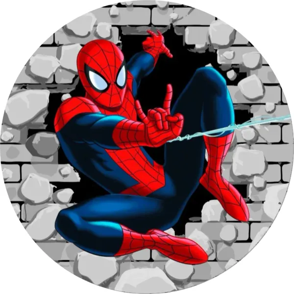 Kulatý jedlý obrázek na dort – Spiderman, průlet dírou v šedé zdi (červená, modrá, šedá)
