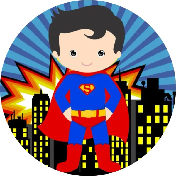 Kulatý jedlý obrázek na dort – Superman, chlapecká verze a noční město (modrá, červená, žlutá)