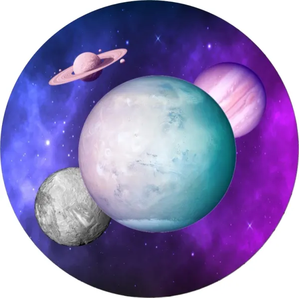 Kulatý jedlý obrázek na dort – Vesmír (fialová, modrá, růžová)
