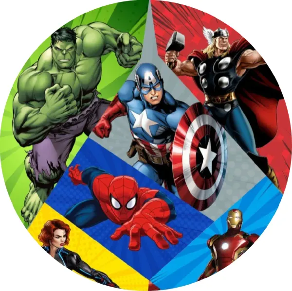 Kulatý jedlý obrázek na dort – Avengers, Captain America a Black Widow ve výsečích (modrá, červená, zelená)