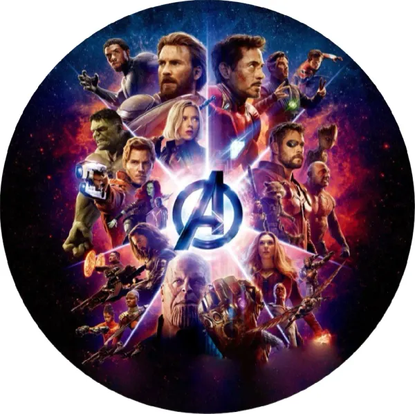 Kulatý jedlý obrázek na dort – Avengers, hrdinové a Thanos ve vesmíru (modrá, fialová, červená)