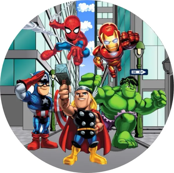Kulatý jedlý obrázek na dort – Avengers, Thor, salutující Cap a Spiderman (modrá, červená, zelená)