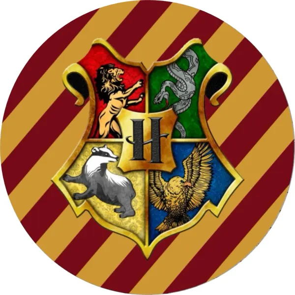 Kulatý jedlý obrázek na dort – Harry Potter, bradavický erb a pruhy (červená, žlutá, zlatá)