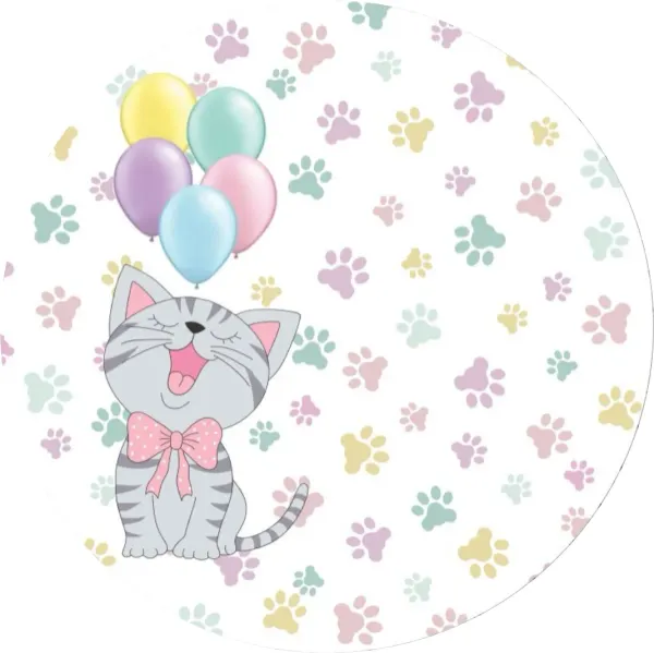 Kulatý jedlý obrázek na dort – Kočička s balonky (bílá, šedá, růžová)