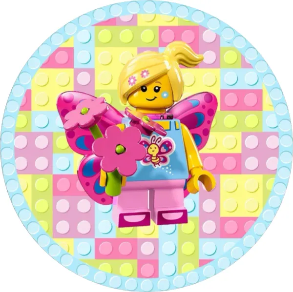 Kulatý jedlý obrázek na dort – LEGO, figurka v kostýmu motýla s květinami (růžová, žlutá, modrá)