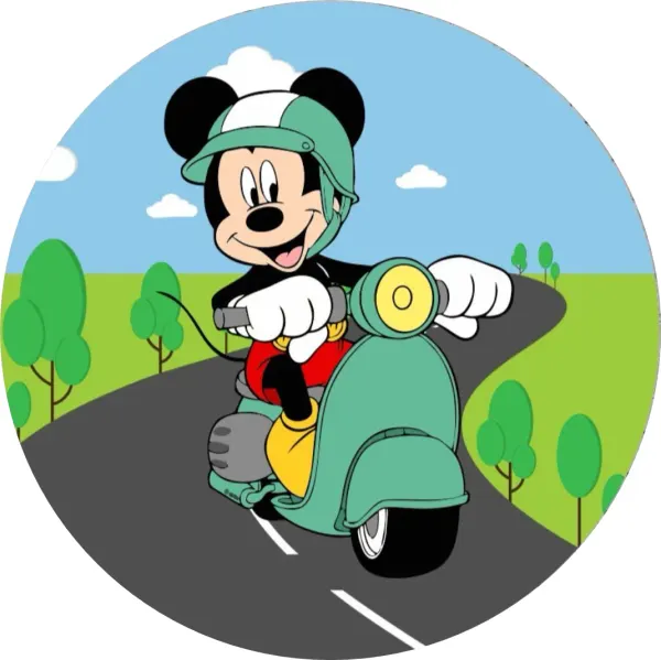 Kulatý jedlý obrázek na dort – Mickey Mouse, jízda na retro skútru v krajině (zelená, modrá, černá)