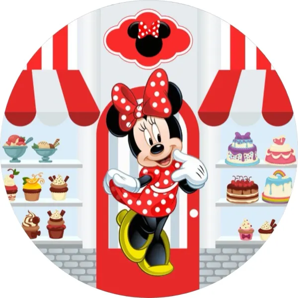 Kulatý jedlý obrázek na dort – Minnie, Cukrárna (červená, bílá, žlutá)