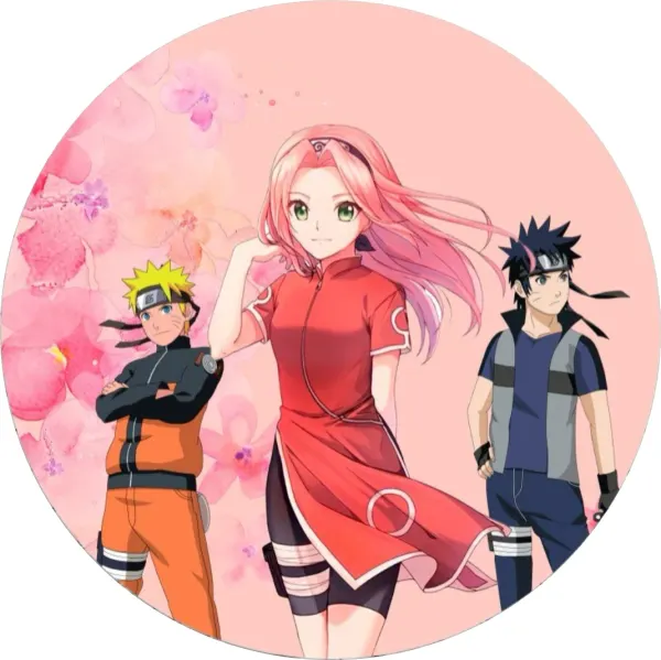 Kulatý jedlý obrázek na dort – Naruto, Sakura v červeném a růžové květy (růžová, červená, černá)