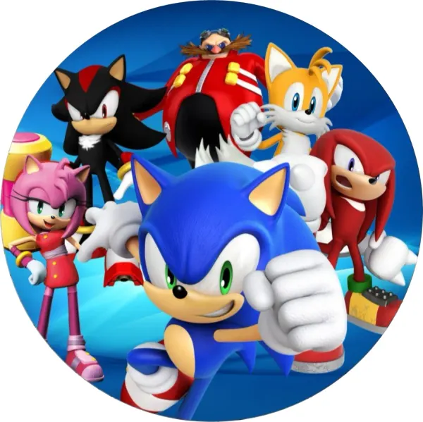 Kulatý jedlý obrázek na dort – Sonic, celá parta a Dr. Eggman (modrá, červená, bílá)