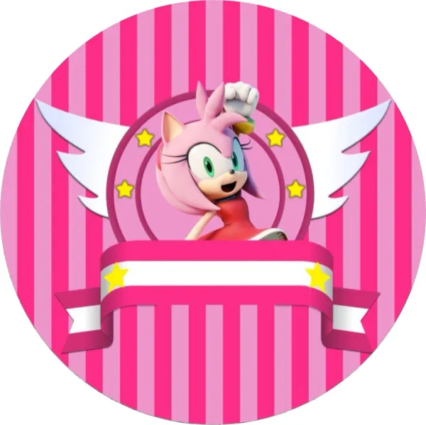 Kulatý jedlý obrázek na dort – Sonic, růžová Amy Rose s křídly (růžová, bílá, žlutá)