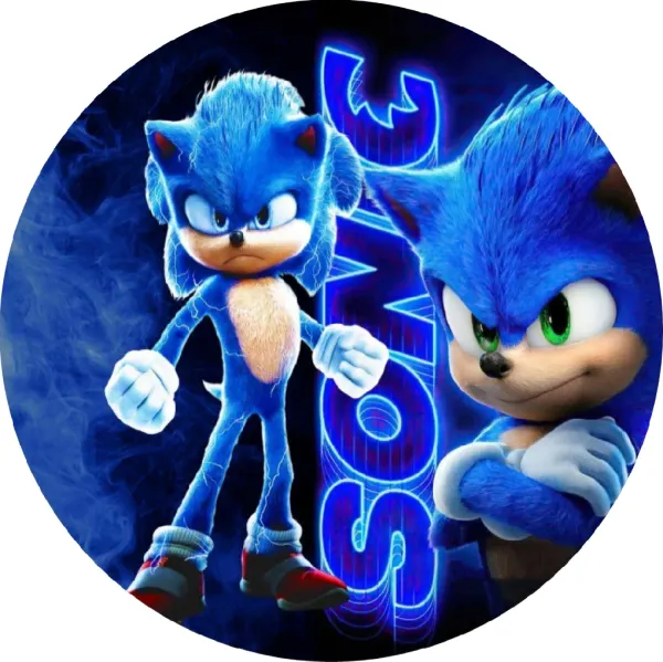 Kulatý jedlý obrázek na dort – Sonic, dvě pózy a neonový nápis (modrá, černá, bílá)