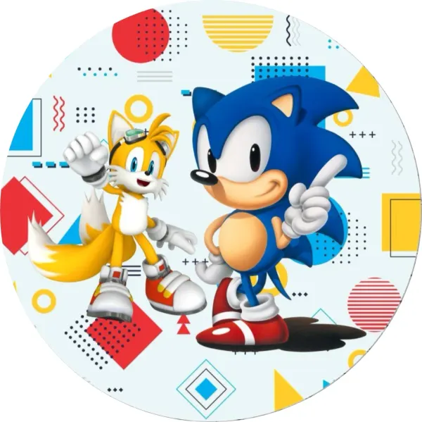 Kulatý jedlý obrázek na dort – Sonic, s Tailsem na geometrickém pozadí (modrá, žlutá, červená)
