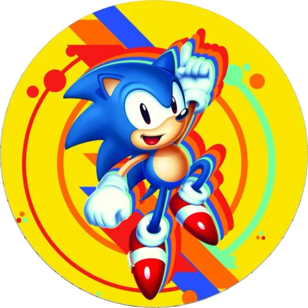 Kulatý jedlý obrázek na dort – Sonic, vítězná póza na žlutém pozadí (žlutá, modrá, červená)