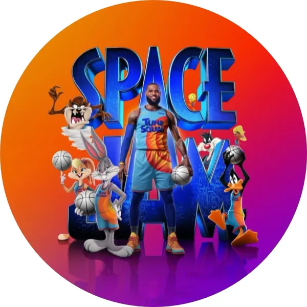 Kulatý jedlý obrázek na dort – Basketbal, Space Jam (modrá, červená, fialová)
