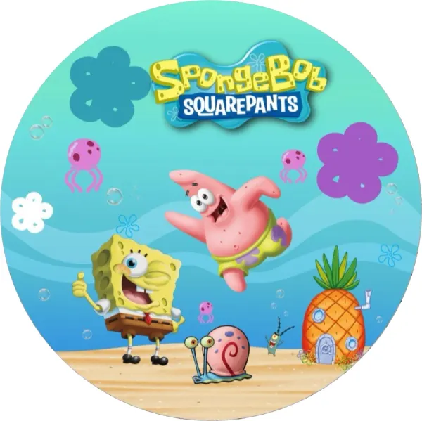 Kulatý jedlý obrázek na dort – SpongeBob, s partou u ananasového domu (tyrkysová, žlutá, růžová)