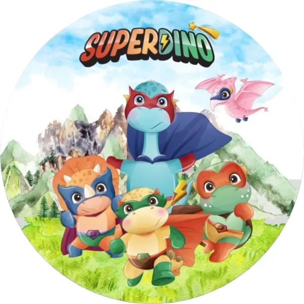 Kulatý jedlý obrázek na dort – Super dinosauři (zelená, modrá, žlutá)