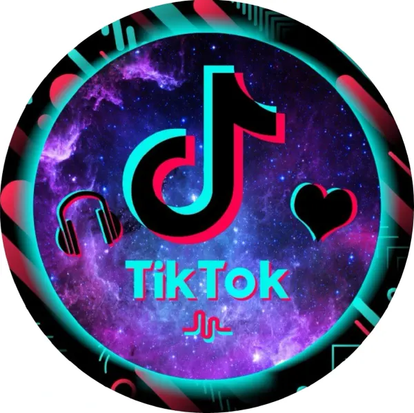 Kulatý jedlý obrázek na dort – TikTok, nota, sluchátka a vesmírné pozadí (fialová, černá, tyrkysová)