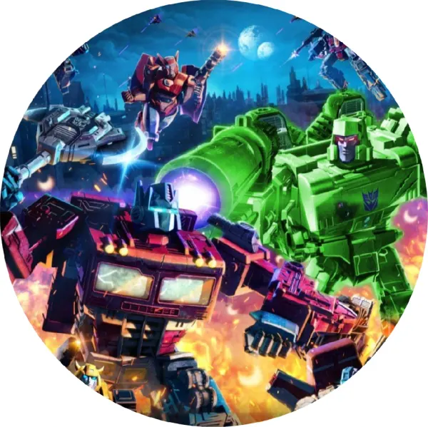 Kulatý jedlý obrázek na dort – Transformers, Optimus a Megatron ve vesmíru (modrá, zelená, červená)