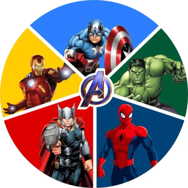 Kulatý jedlý obrázek na dort – Avengers, 5 hrdinů v barevných výsečích s logem (modrá, červená, zelená)