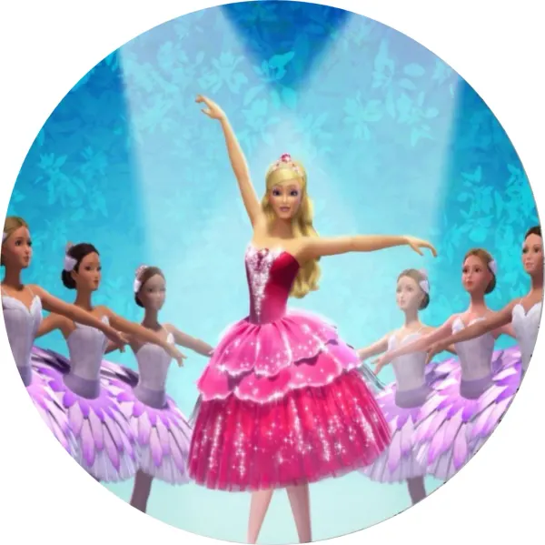 Kulatý jedlý obrázek na dort – Barbie, Baletka (růžová, tyrkysová, fialová)