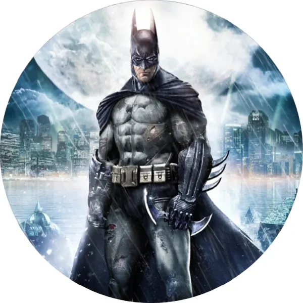 Kulatý jedlý obrázek na dort – Batman, v brnění v deštivém městě (černá, šedá, modrá)