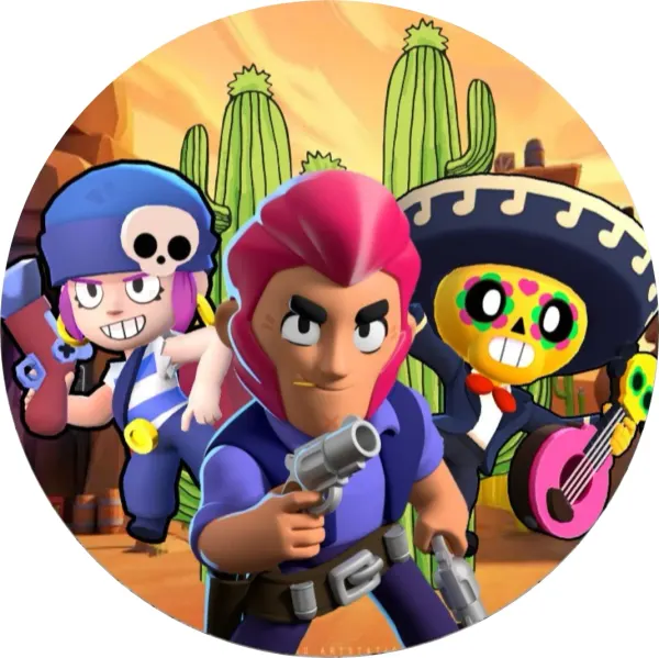 Kulatý jedlý obrázek na dort – Brawl Stars, Colt, Penny a Poco na poušti (modrá, zelená, růžová)