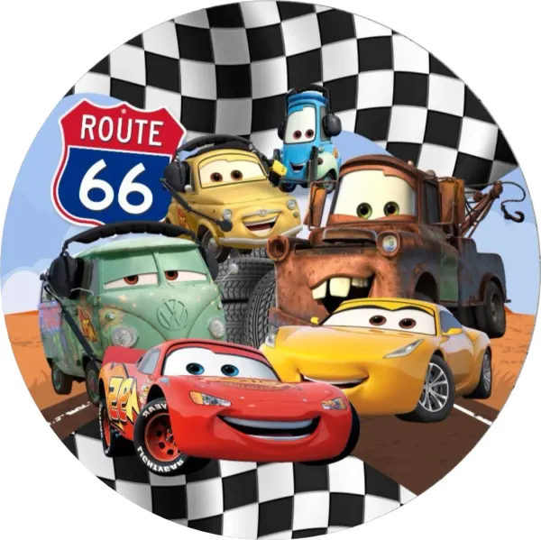 Kulatý jedlý obrázek na dort – Cars, McQueen, Cruz a parta na Route 66 (červená, žlutá, černá)