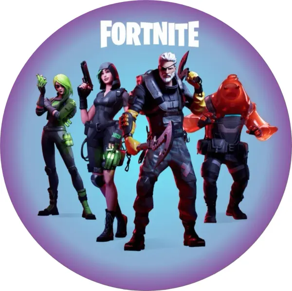 Kulatý jedlý obrázek na dort – Fortnite, Bojovníci a rosolovitý hrdina (fialová, modrá, černá)