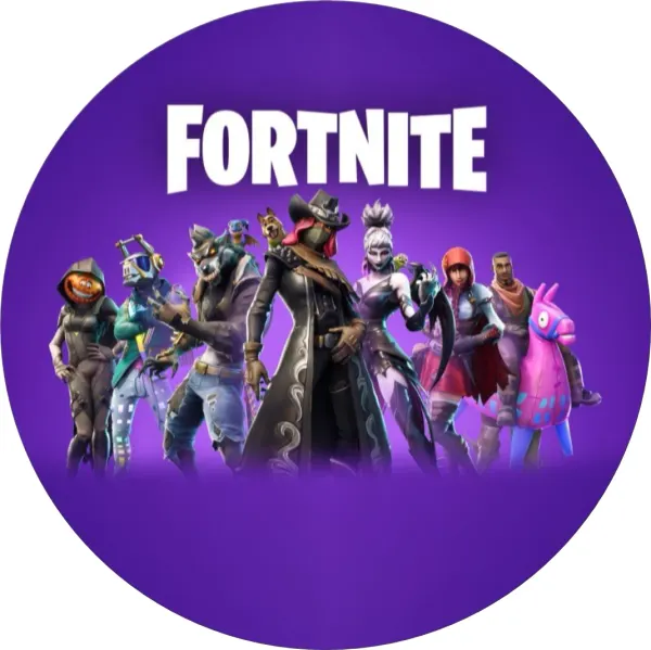 Kulatý jedlý obrázek na dort – Fortnite, Kovboj, vlkodlak a růžová lama (fialová, bílá, růžová)