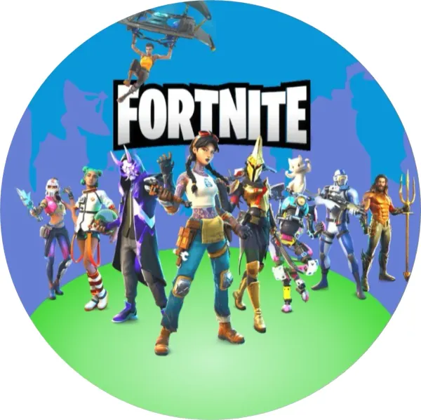 Kulatý jedlý obrázek na dort – Fortnite, Dívka s copy a kluk na kluzáku (modrá, zelená, fialová)