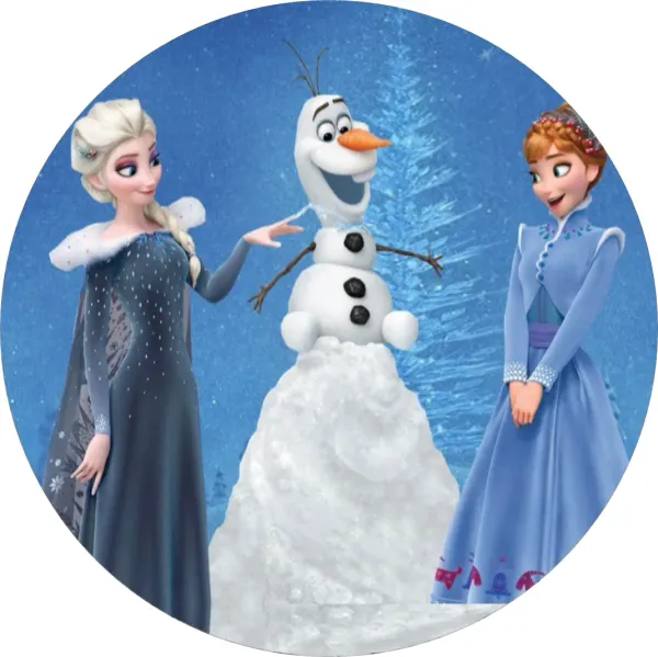 Kulatý jedlý obrázek na dort – Frozen, Elsa a Anna s Olafem na sněhové kupě (modrá, bílá, tyrkysová)