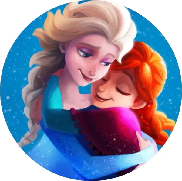 Kulatý jedlý obrázek na dort – Frozen, sesterské objetí Anny a Elsy (modrá, růžová, bílá)