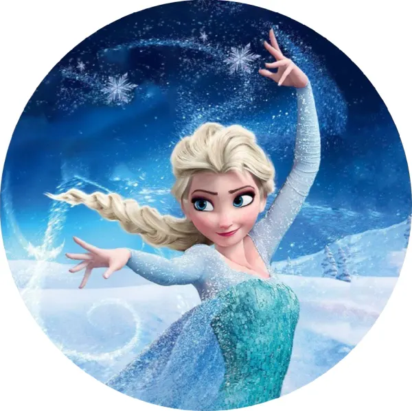 Kulatý jedlý obrázek na dort – Frozen, tančící Elsa s ledovými kouzly (modrá, tyrkysová, bílá)